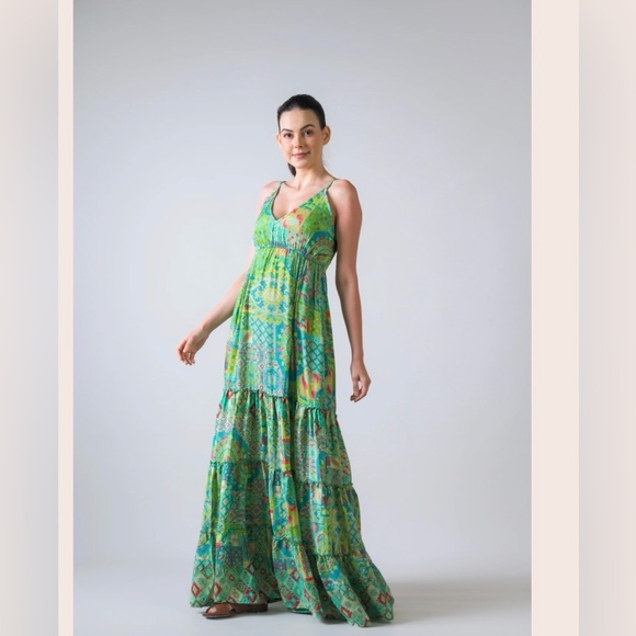 RHEA Green Patterned Maxi BOHO DRESS NWT size Small - Picture 2 of 9